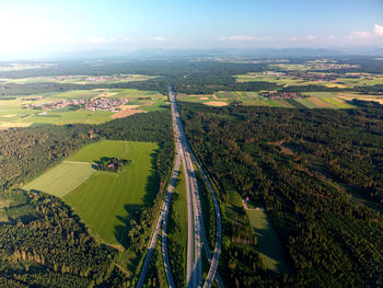 High angle view of agricultural field against sky