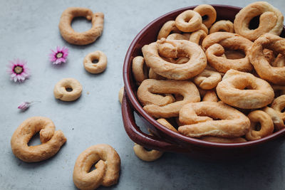 High angle view of cookies