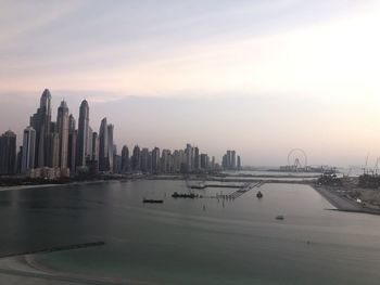 Panoramic view of city buildings against sky during sunset