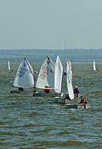 People sailing in sea against clear sky