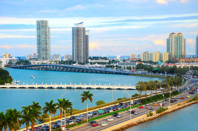 Scenic view of river by buildings against sky, miami city aerial view