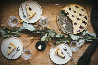 High angle view of breakfast on table