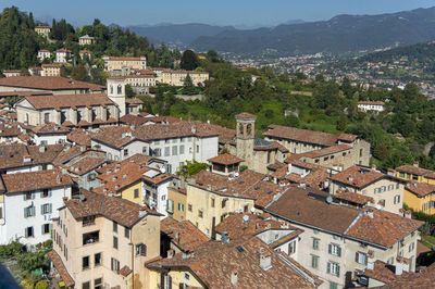 Aerial view of the old town of bergamo, italy