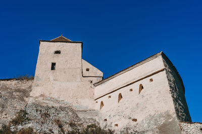 Low angle view of historic building against clear blue sky