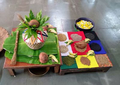 High angle view of vegetables on table