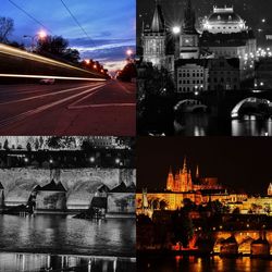 Illuminated buildings by river against sky at night