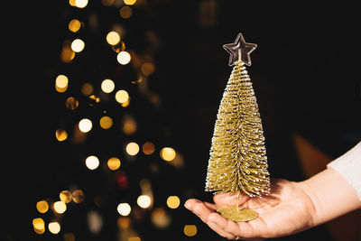 Small christmas tree on the hand with blurred background of christmas lights