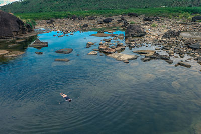 High angle view of ducks swimming on lake