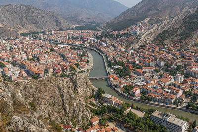 High angle view of townscape against sky in city