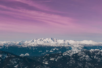 Scenic view of snowcapped mountains against sky during sunset