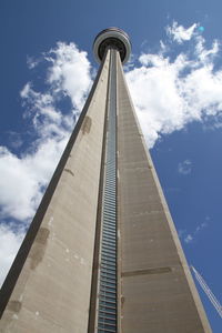 Low angle view of modern building against cloudy sky