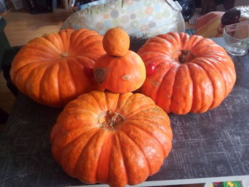 High angle view of pumpkins on table