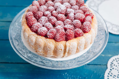 High angle view of cake in plate on table