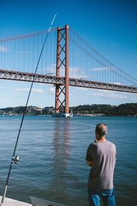 Rear view of man standing on suspension bridge