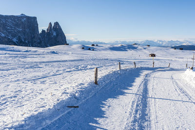 Scenic view of snow covered landscape against sky