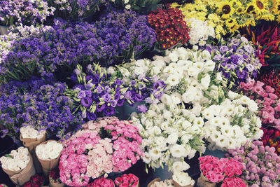 High angle view of various flowers at market