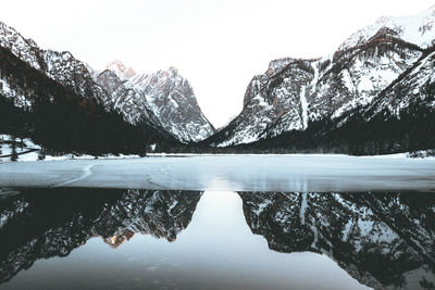 Scenic view of lake and snowcapped mountains against sky