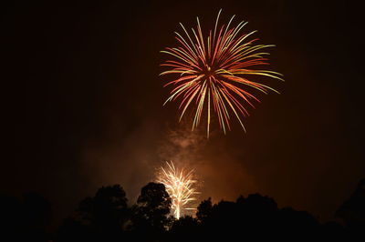 Low angle view of firework display at night