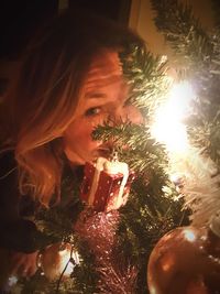 Close-up of christmas tree at night