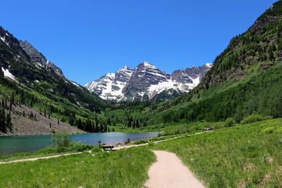 Scenic view of lake and mountains against clear blue sky