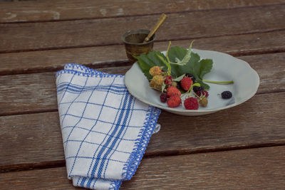 High angle view of dessert on table