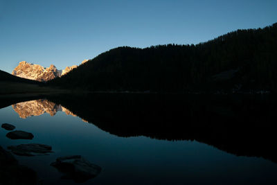 Scenic view of lake by mountains against clear blue sky