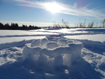 Aerial view of snow covered field against sky
