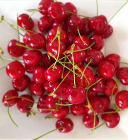 High angle view of cherries in bowl