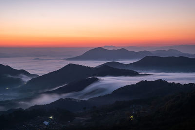 Scenic view of mountains against sky during sunset