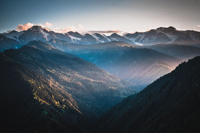 Scenic view of snowcapped mountains against sky during sunset