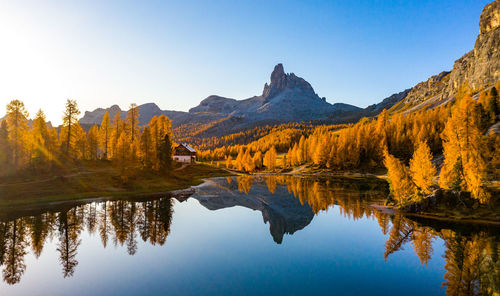 Scenic view of lake by trees against clear sky