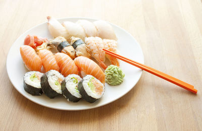 High angle view of sushi in plate on table