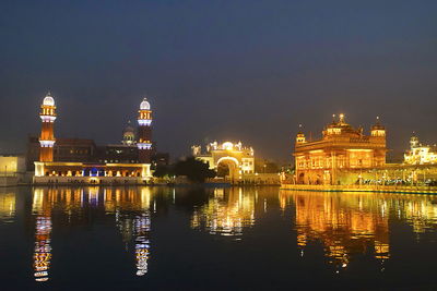 Reflection of illuminated buildings in city at night