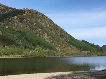 Scenic view of lake by mountains against sky