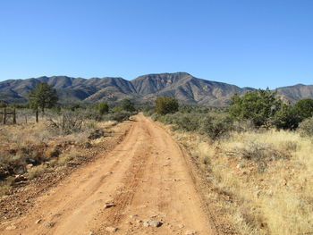 Dirt road amidst landscape against clear blue sky