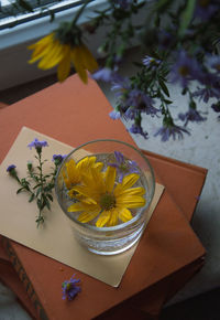 High angle view of drink on table