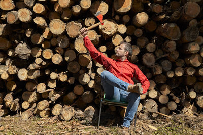 Full frame shot of logs in forest