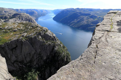 High angle view of lake amidst mountains