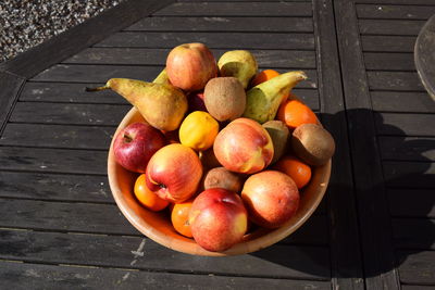 High angle view of fruits in bowl on table