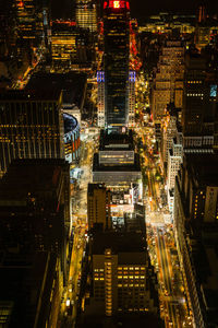 High angle view of illuminated city at night