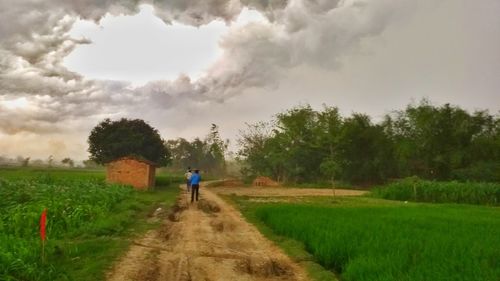 Rear view of man walking on field against sky