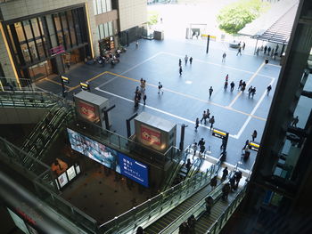 High angle view of people on city street