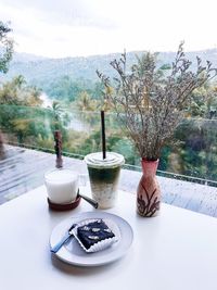 Potted plants on table against sky