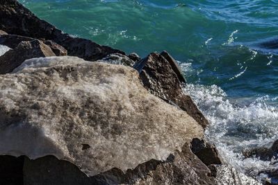 Scenic view of sea by rock formation