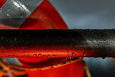 Close-up of water drops on rusty pipe