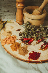 Spices by mortar and pestle on table