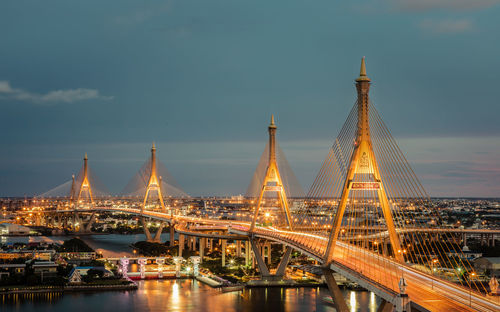 Illuminated bridge over river against sky in city