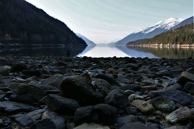 Scenic view of rocks in lake against sky