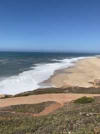 Scenic view of beach against clear blue sky