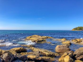 Scenic view of sea against clear blue sky